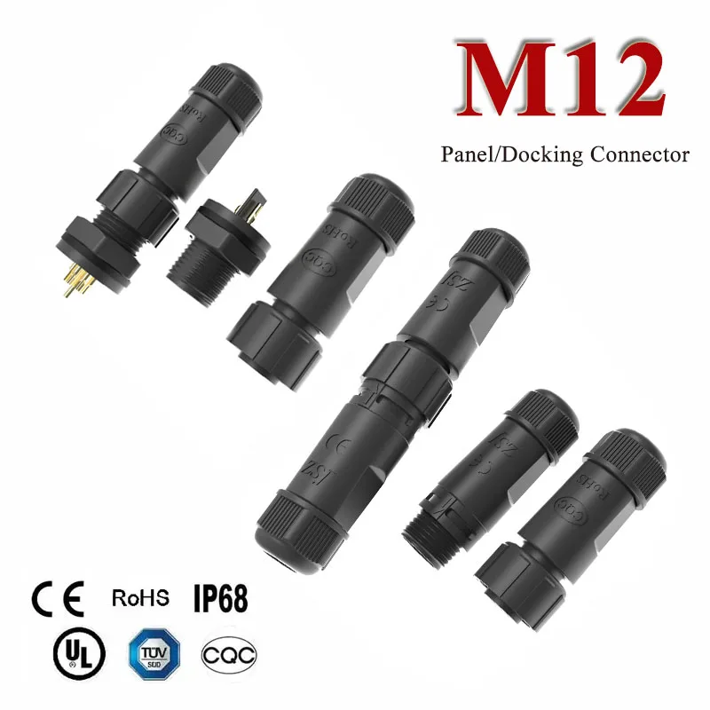 Outdoor M12 2 3 4 5 6 7 8 Pin Connector Waterproof Dockin Plug Front Panel Flange Seat 5/15A Opening 12mm Male Female Joint IP68