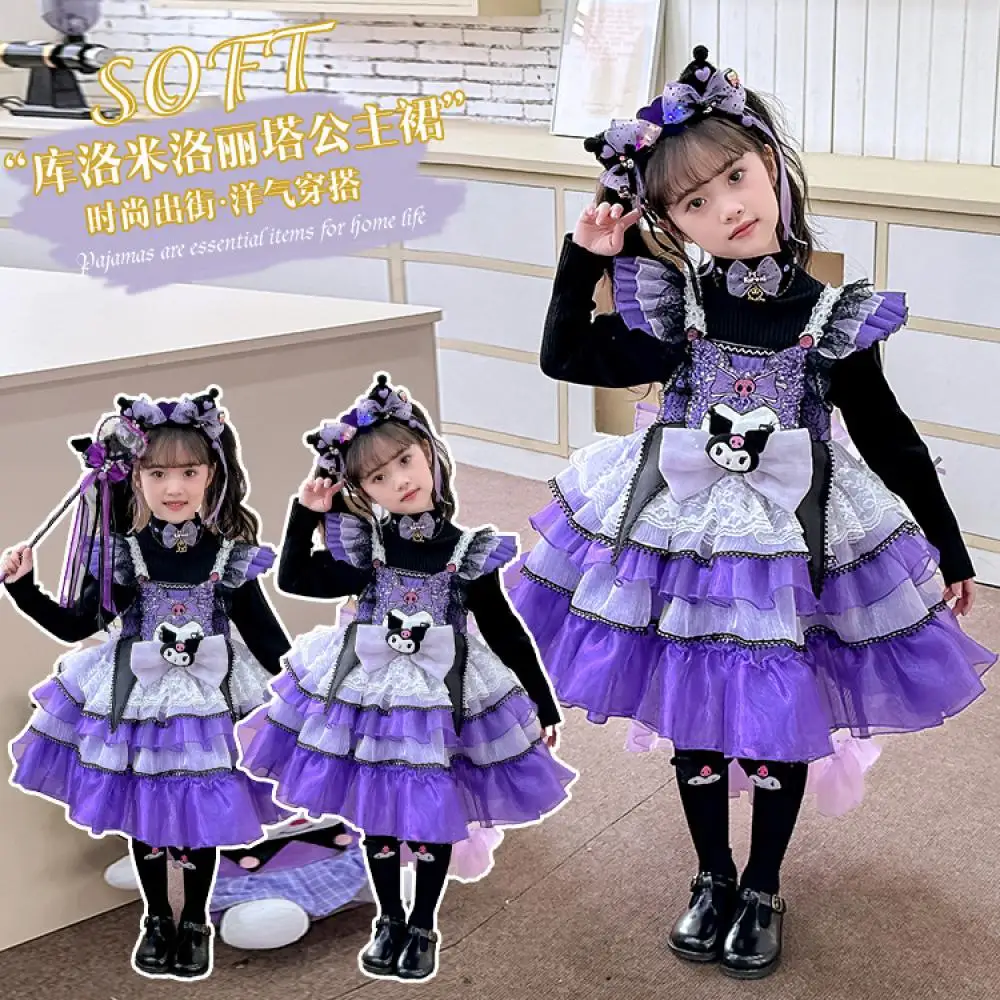 

Cute Lolita Kuromi Girls Kids Suspender Dress Sanrios Anime Kawaii Student Dress Skirt Suit Soft Trendy Fashion Birthday Gift