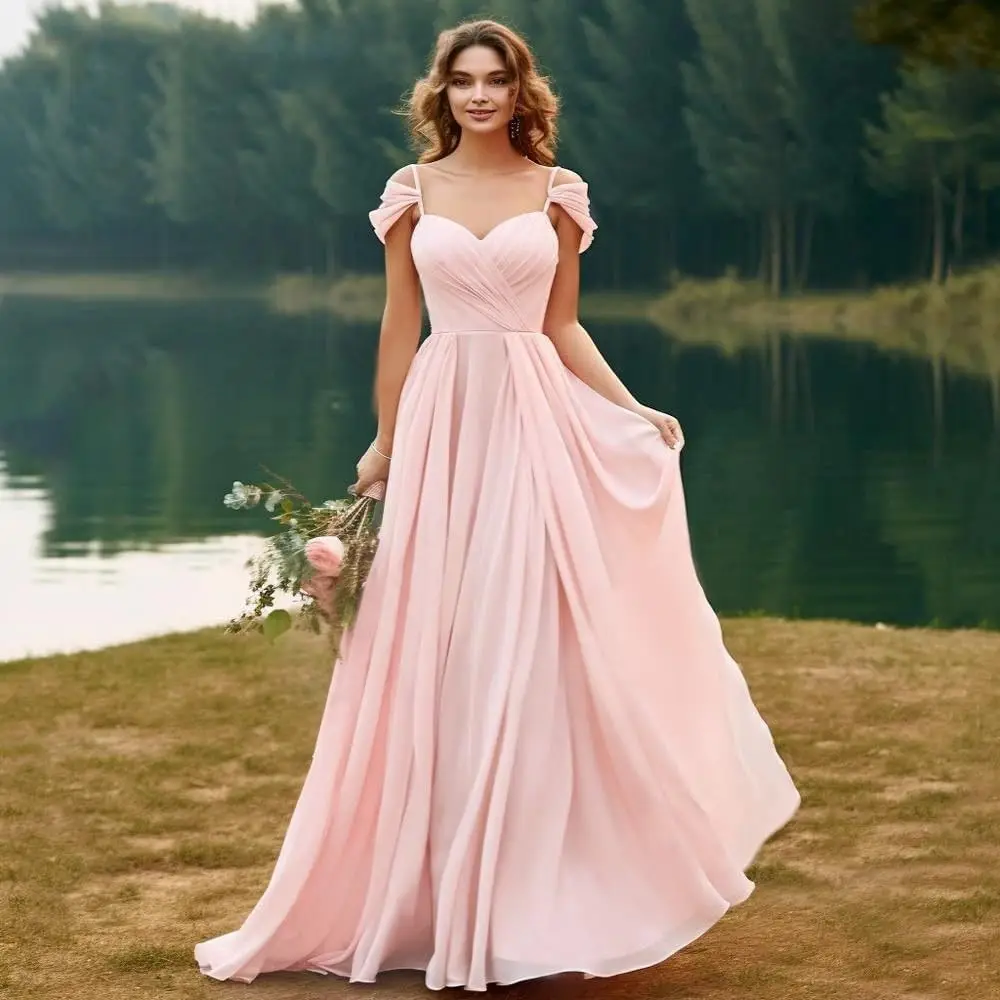 Szyfonowe sukienki dla druhen z odkrytymi ramionami, eleganckie sukienki dla kobiet, plisowane sukienki w kształcie litery A, długie sukienki dla gości weselnych z kieszeniami.
