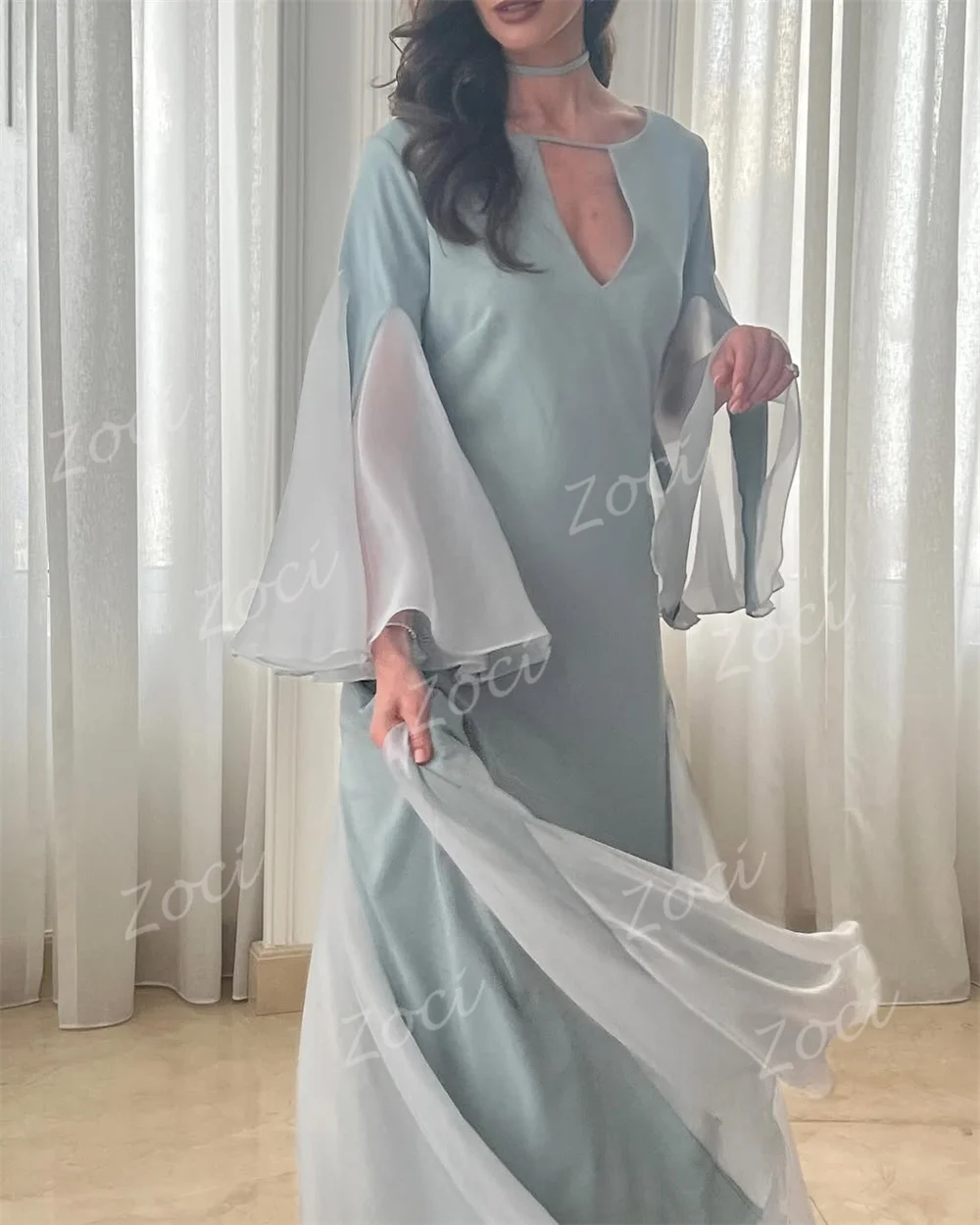 Zoci Customized V Neck Cut Out Prom Dresses A Line Long Flare Sleeve Evening Party Dress Contrast Women Special Occasion Gown