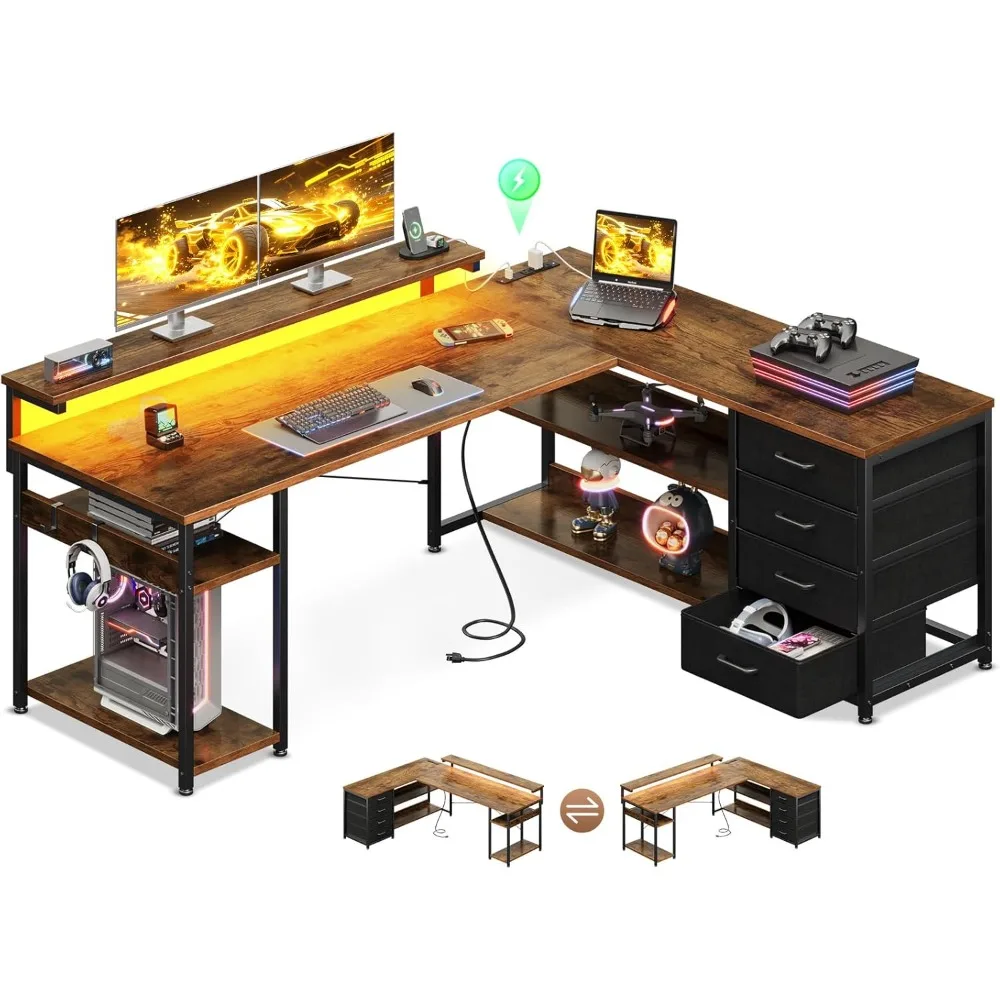 

53 L office desk with drawers, computer desk with power socket and LED lights, reversible corner gaming desk for home office