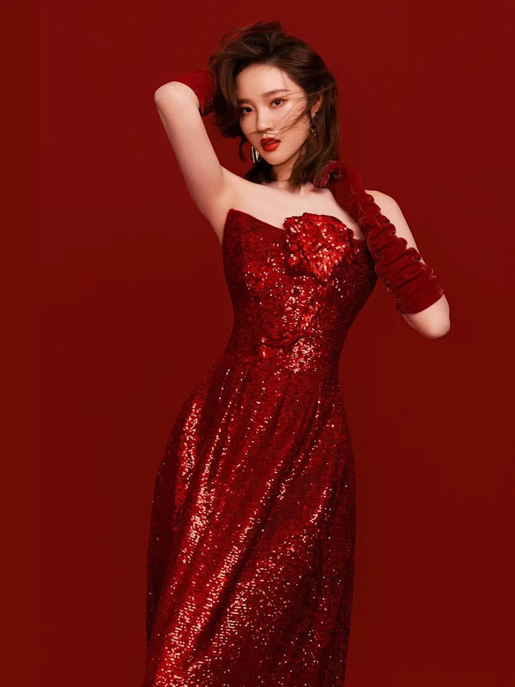 Wine Red Tube Top Toast Dress for Women New High-End Affordable Luxury Niche Wedding Tie Banquet Temperament Host