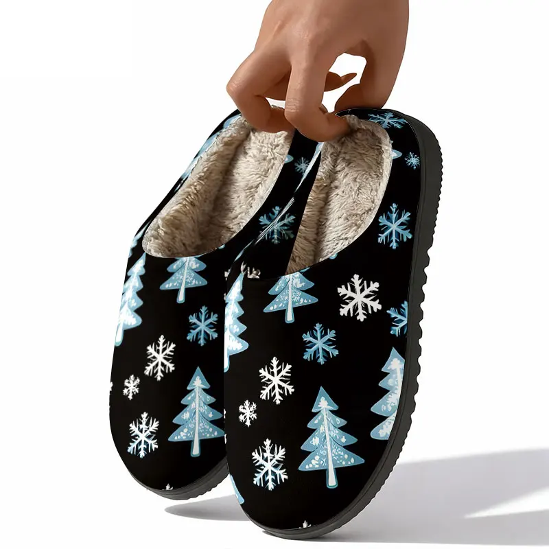 Christmas Tree Snow Print Women's Winter Warm Plush Slippers Fuzzy Fleece House Slippers Indoor Shoes view 3