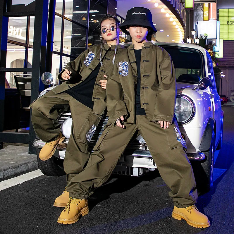 Girl Chinese Vintage Jazz Street Dance Hip Hop Clothes Army Green Shirt Top + Casual Jogger Pant 2pcs Boy Stage Show Costume Set