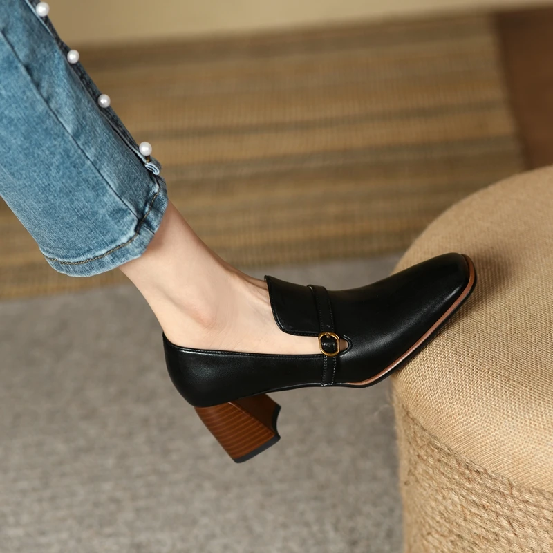 2022 New Square Toe Slip On Women Shoes Genuine Leather Shallow Ladies Shoes Spring Autumn Concise Square High Heels Size34-42