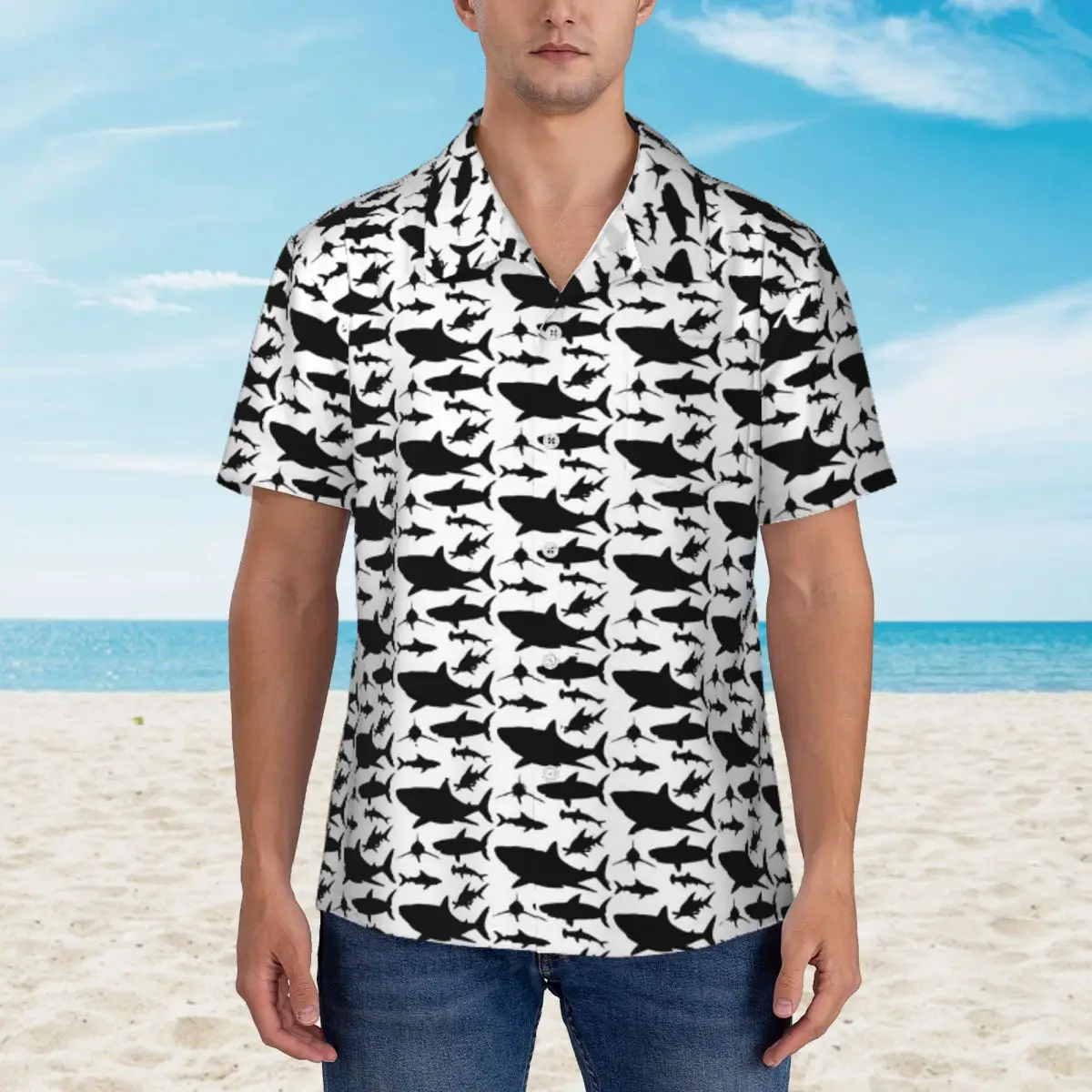 

Shark Silhouette Beach Shirt Men Funny Animal Casual Shirts Hawaiian Short-Sleeved Custom Elegant Oversized Blouses Gift