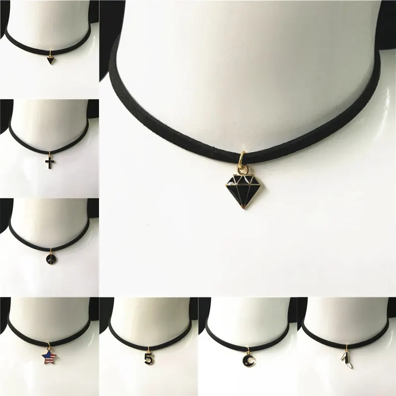 New Leather Necklace Short Gothic Cross Star Moon Triangle Necklace Tattoo Collares For Women Velvet Jewelry Clavicle Choker