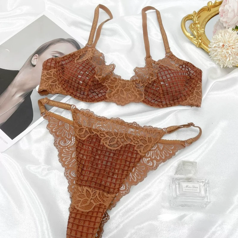 Modern Vintage Plaid‑Print Lace Bra Set Soft Underwire Push‑Up Side Contouring Ultra Thin Cup Skin‑Friendly Female Underwear