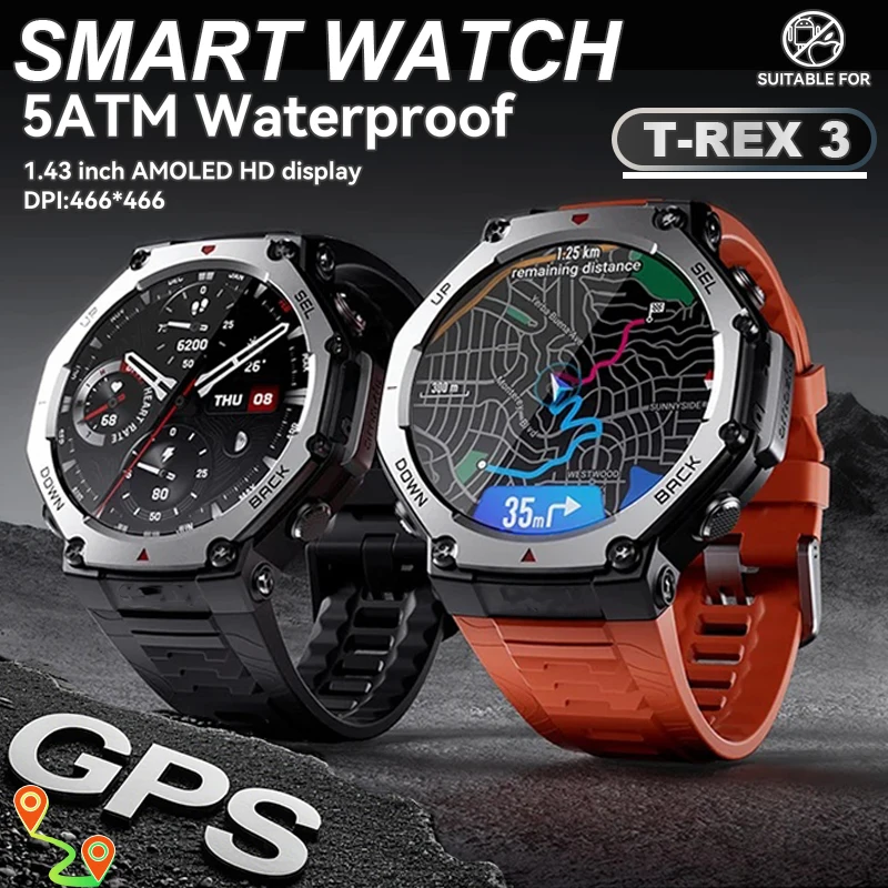 

T-Rex 3 Ultra Built-in Dual-band GPS Smartwatch 5ATM Waterproof 48mm AMOLED Compass 170+ Sport Durable Military Smart Watch 2025