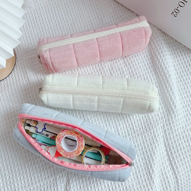 Soft Multifunctional Cosmetic Bag Organizer Large Capacity Pink White Blue Plush Makeup Bag Pencil Case Cute Student Storage Bag