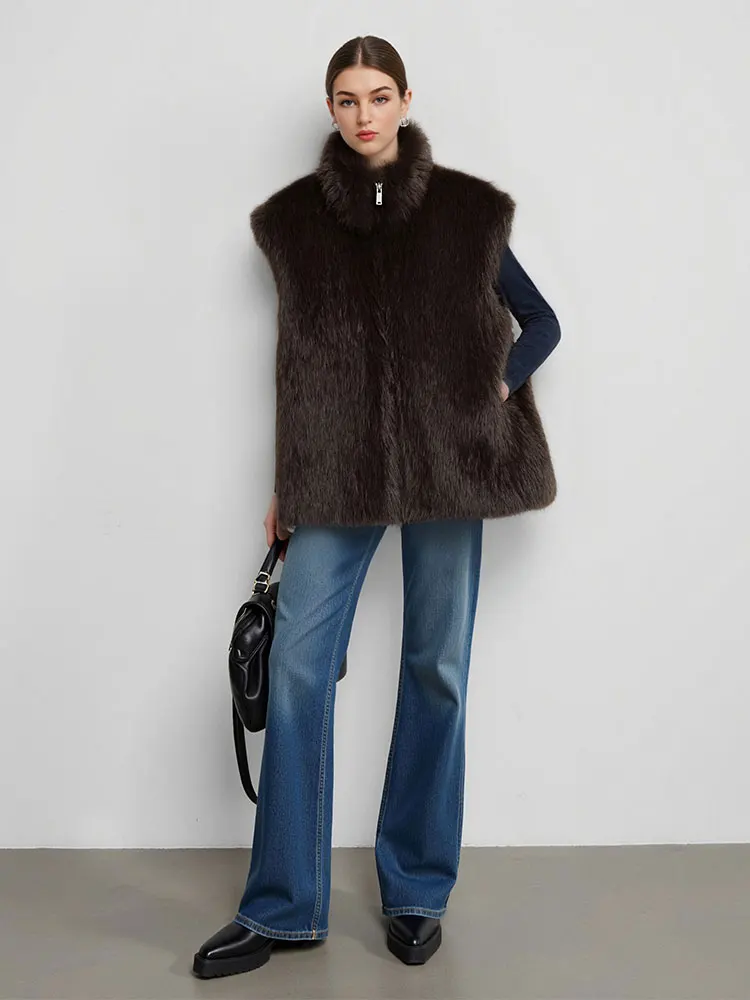 HH الخريف المرأة بلا أكمام فو الفراء سترة علوية خمر بني داكن الياقة المدورة سستة ملابس خارجية سيدة الموضة عالية الشارع صدرية #1