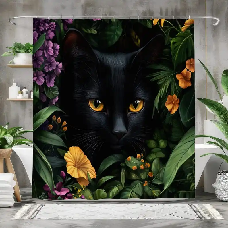 Black Cat with Colorful Tulip Flowers Shower Curtain, Waterproof Fabric Bath Curtain, Unique Floral Animal Bathroom Decor