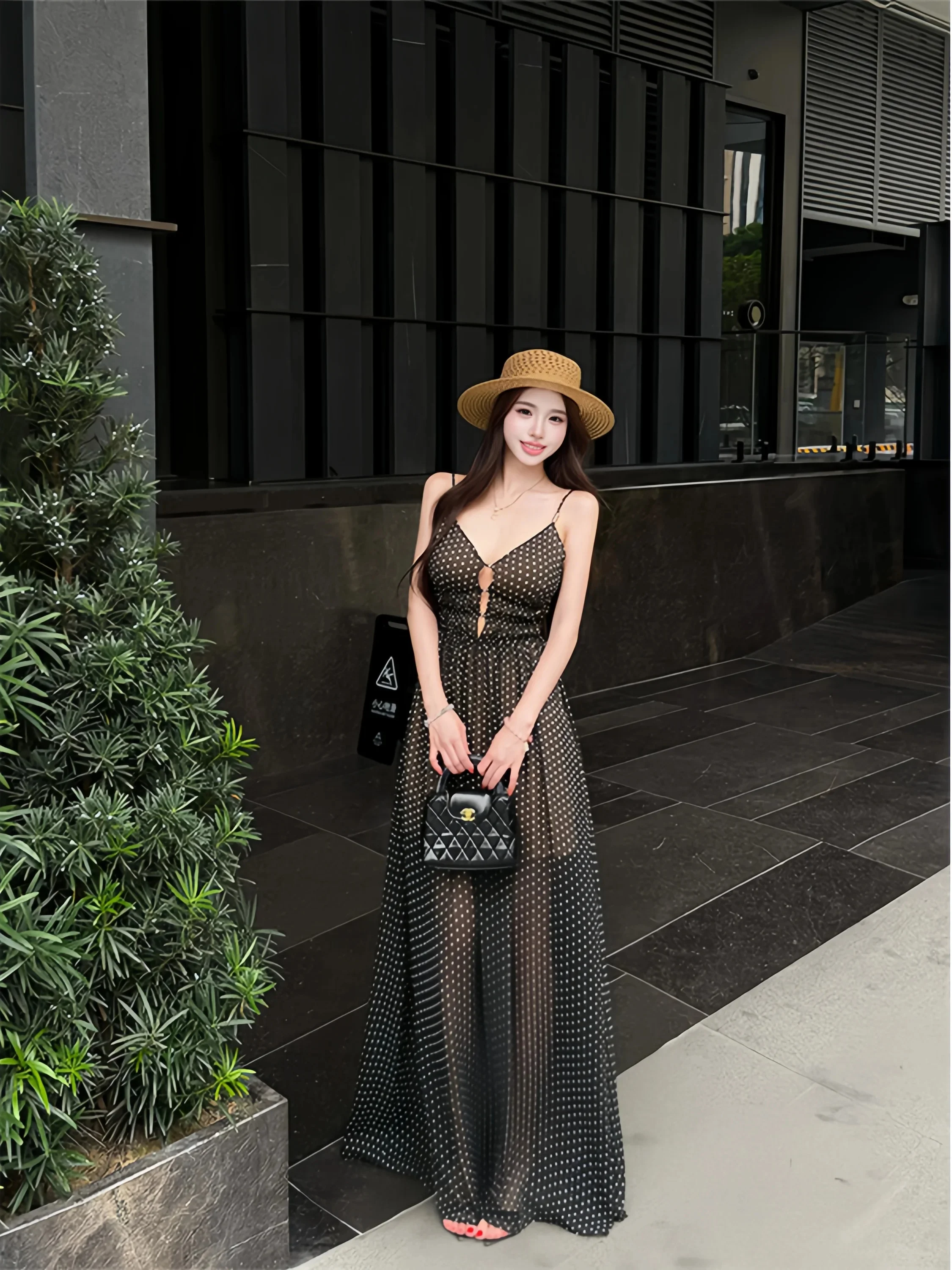 kitty-polka-dot-mesh-strap-dress-women's-summer-holiday-style-waist-cinching-slimming-long-dress-short-socks-sexy-style