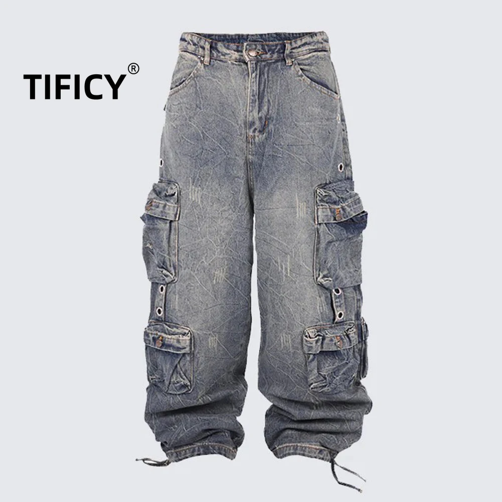 High Street Deinim Pants New Fashionable Smoke Grey Splicing Multi Pocket Work Street Washed Outdated Long Wide Leg Pants