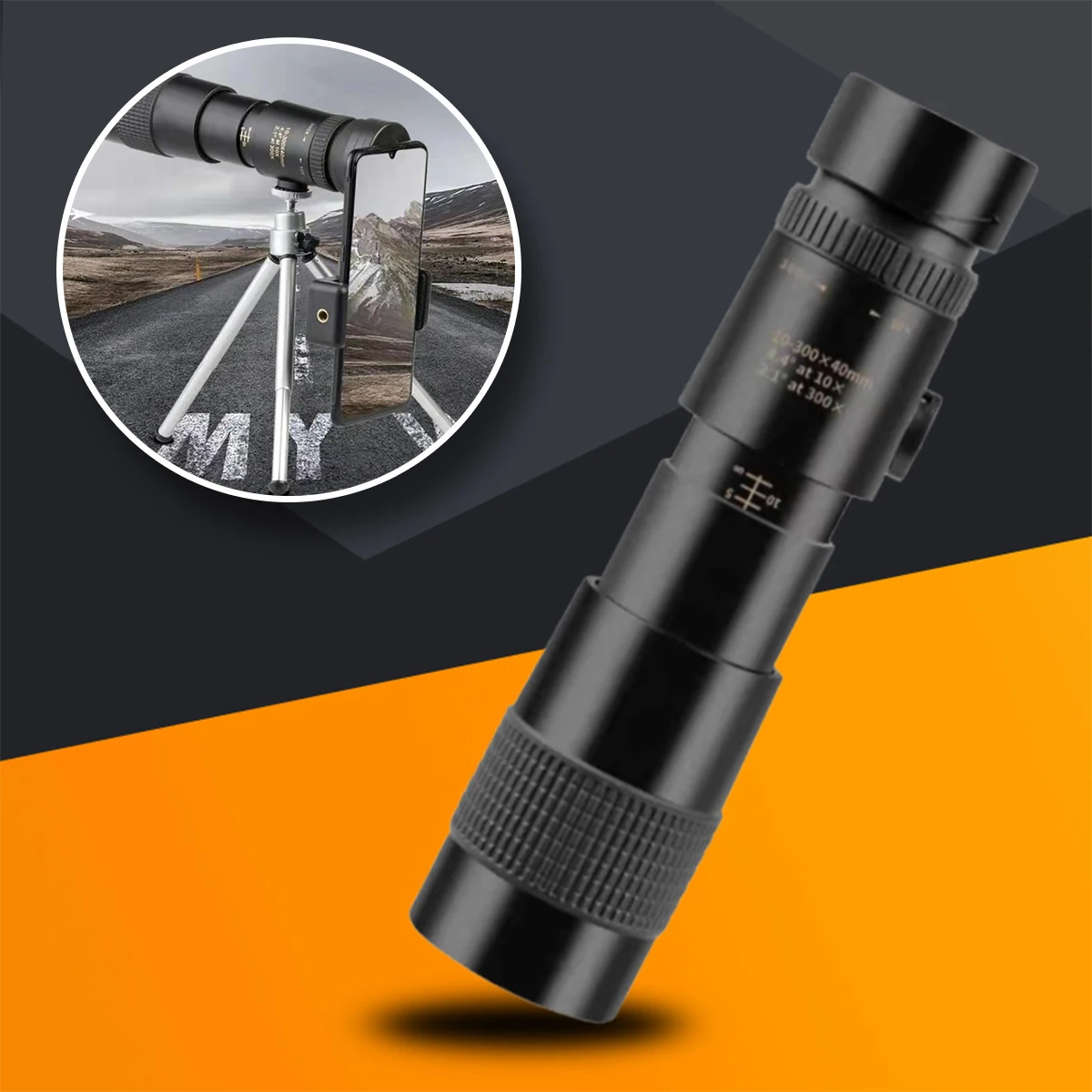 

Monocular Telescope with Tripod Stand Mobile Phone Clip 10-300×40 Zoom HD 40mm Large Aperture Objective Lens for Viewing Hunting