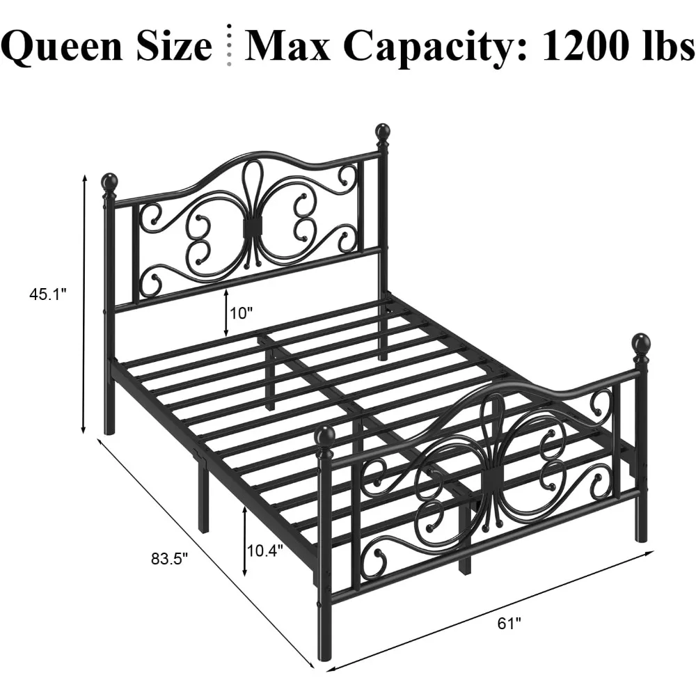 Queen Bed Frame with Butterfly Pattern Headboard and Footboard, Black Metal Bed Frame