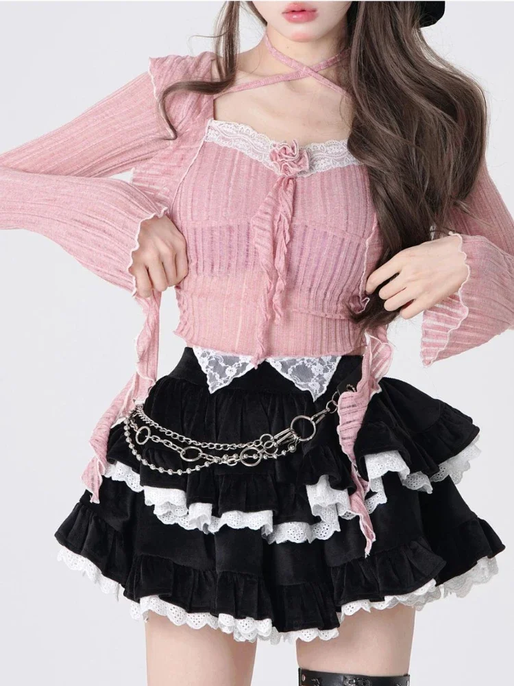 Pink Y2k Korean Two-piece Set Women Flower France Vintage Sweet Skirts Set Female Long Sleeve Blouse + Black Party Mini Skirts