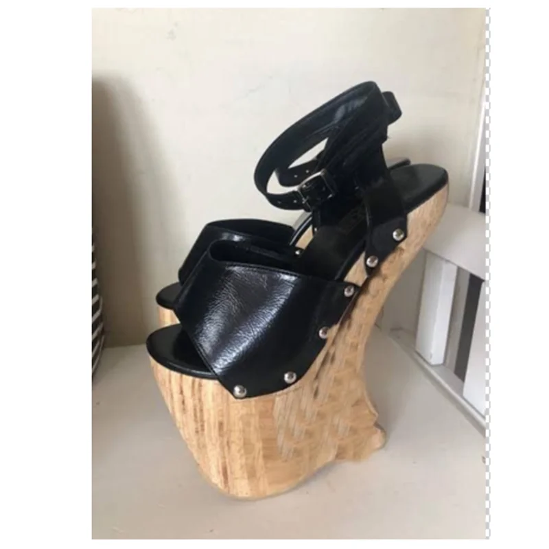 Schwarze Schnallen-Plateau-Sandalen mit Holzmuster, Keilabsatz, Peeptoe, Modisch, Cool, Sommer 2026, Große Größen, Damenschuhe, Zapatillas Mujer
