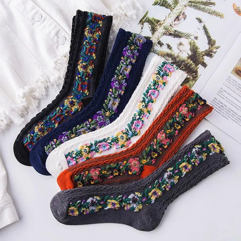 الشتاء النساء زهرة الجوارب القطنية خمر لوليتا الجوارب البيضاء للفتيات منتصف جوارب أنبوبية Harajuku الكورية نمط #1