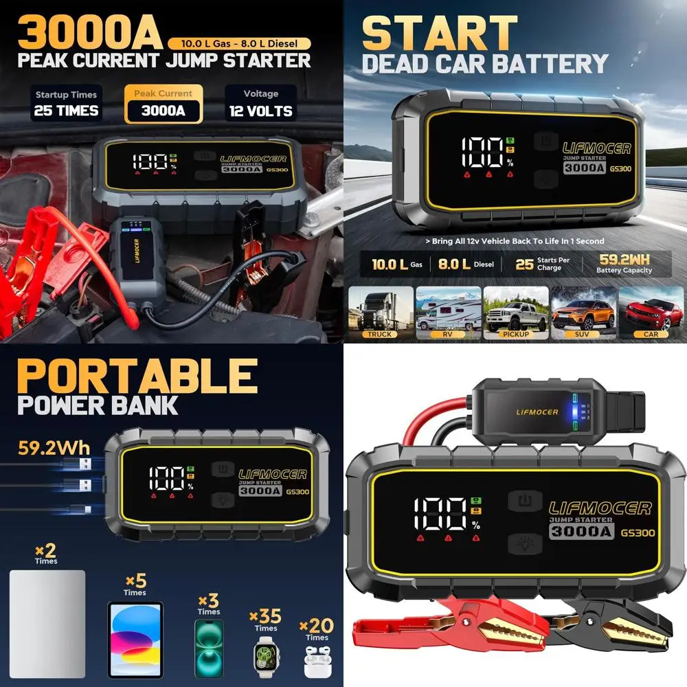 

GS300 Jump Starter — автомобильный аккумуляторный стартер 3000 А для газовых и дизельных двигателей емкостью 10,0 л и 8,0 л, портативный пусковой ящик 12 В со стоером