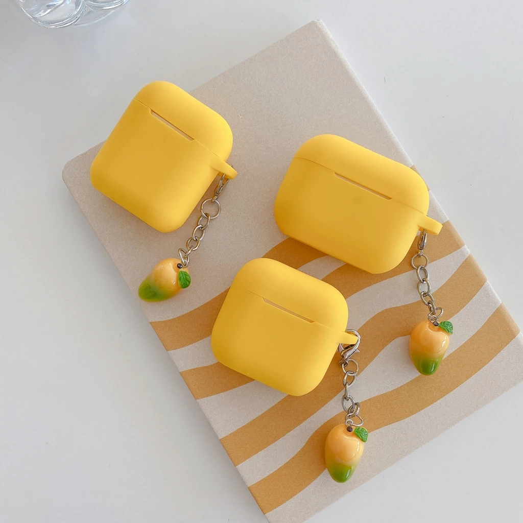 Modische, erfrischende, leuchtend gelbe Silikon-Softshell-3D-Mango-Anhänger-Kopfhörer-Schutzhülle für AirPods 2 3 4 5 Pro2 Pro3