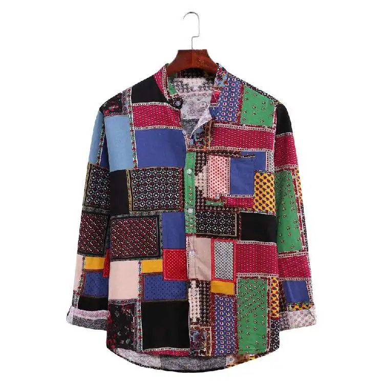 

New European Size Men's Standup Collar Long Sve irt Floral Print Loose Fit Daily Wear Autumn Thin Casual irt