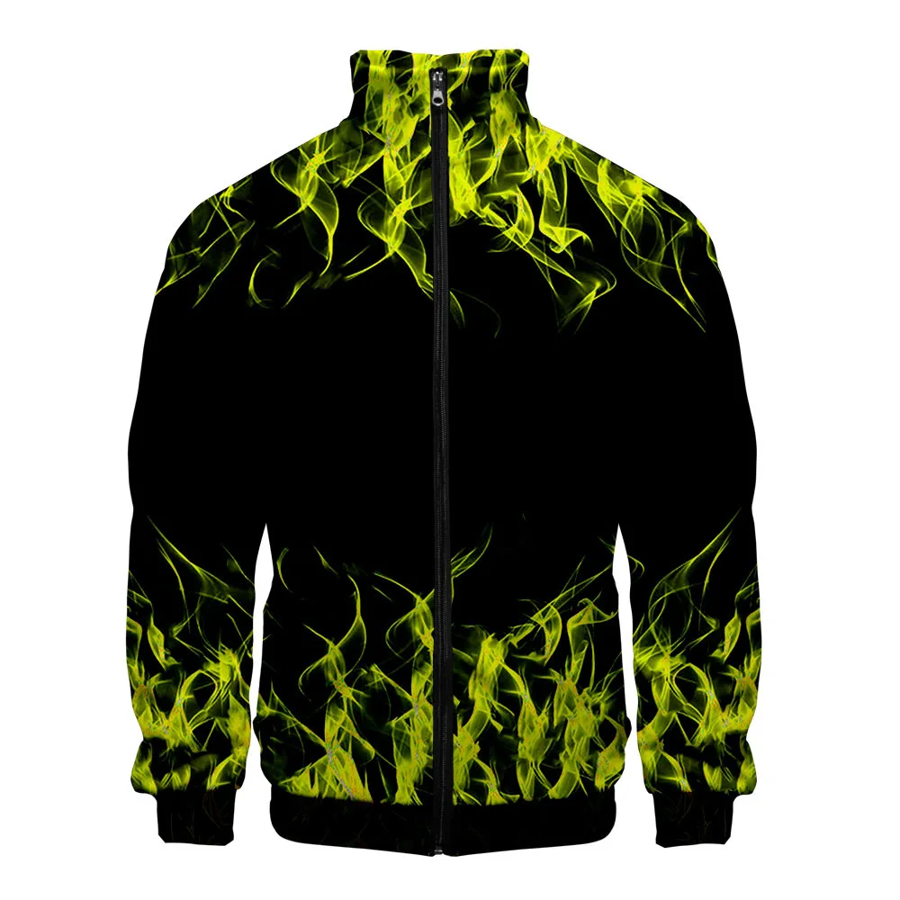 Blue Green Red Purple Flame 3D Printed Men's Jackets Harajuku Cardigan Stand Collar Zipper Baseball Jacket Outerwear Coats