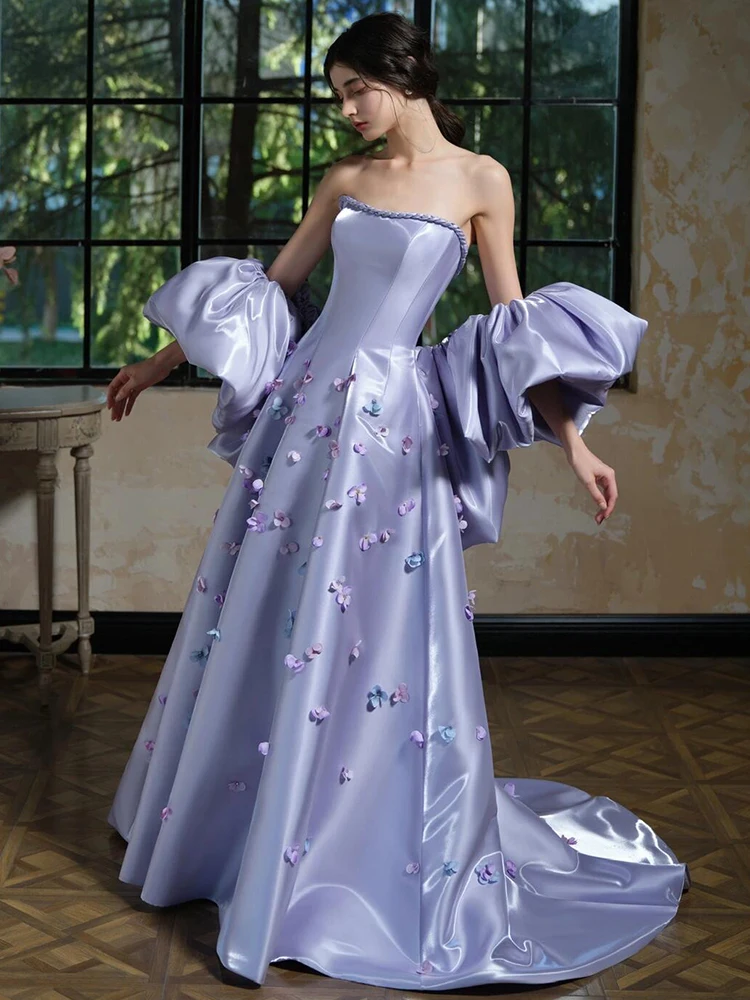 

Ele Purple Strapl Satin Evening Gown for Wedding Engagement Par Host Year End Luxury Bridal Maids of Dr