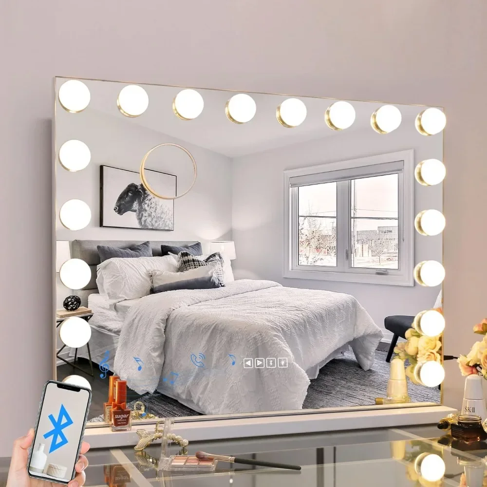 

Vanity Mirror with Lights and Speaker 28"X23" with USB Charging Port 18 Adjustable Brightness Bulbs 3 Color for Table/Wall