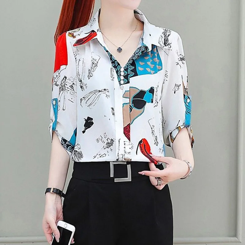 Autumn New Office Lady Various Patterns Printing Chic Shirt Turn-down Collar Loose Half Sleeve All-match Button Pullover Blouse