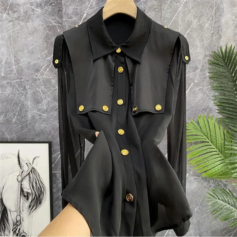 

Long Sleeve Handsome Fashion Metal Buckle Doll Collar Shirt Top Women Camisas De Mujer