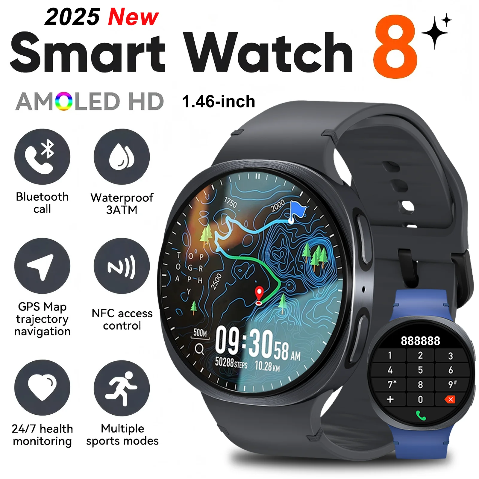 

Новые оригинальные мужские умные часы 8, 1,46 дюйма, AMOLED GPS-трекер, NFC BT Call, фитнес, спорт, здоровье, умные часы для женщин для Android Ios