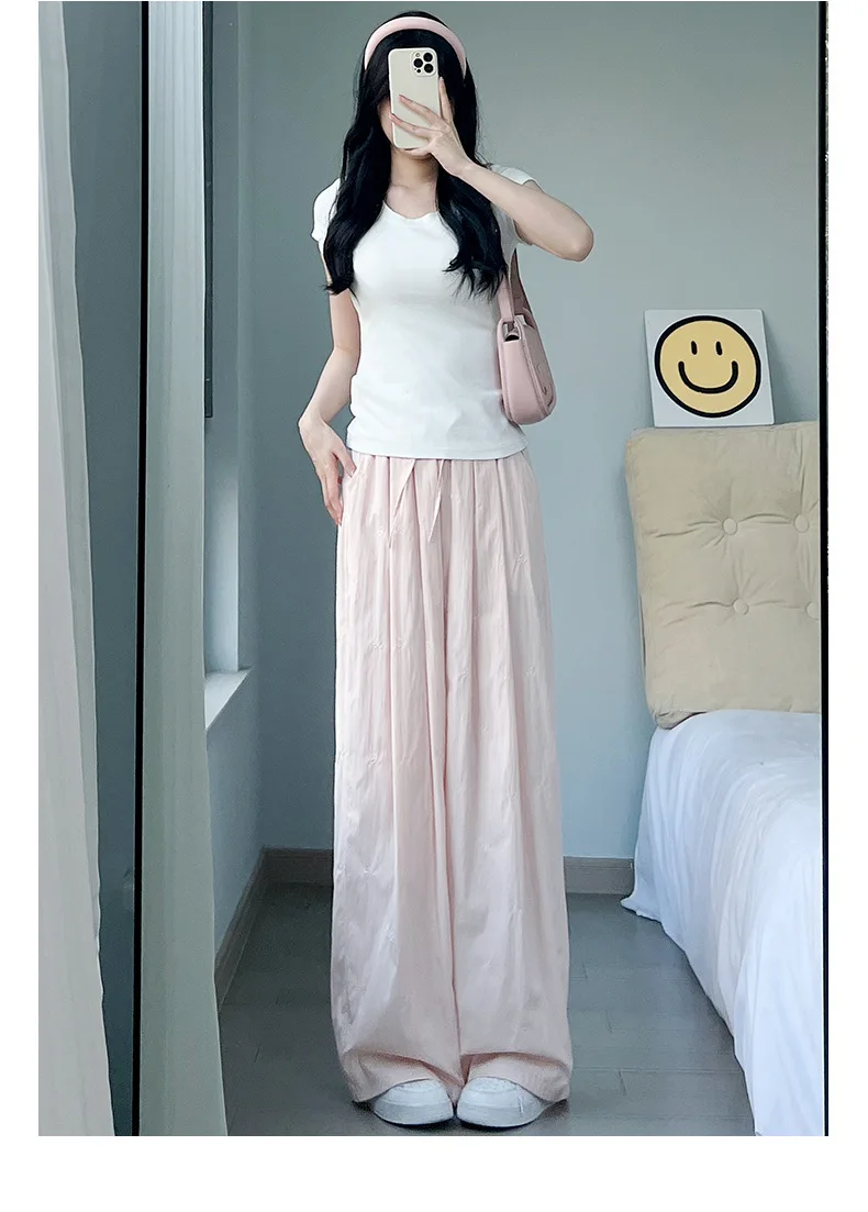 와이드 레그 팬츠 코튼 여성용 가을 클래식 트랙팬츠 세로 주름 성인 미니멀리스트 맞춤형 디테일 바지 하이스트리트 Y2K