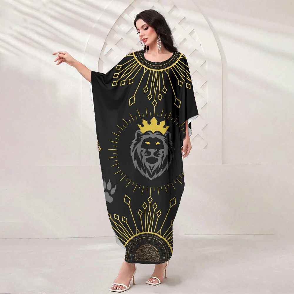 Eid Muslim Women Clothing High Temperament Women's Evening Dresses Round Neck Loose Bat Sleeve Dress Dubai Printed Robe 2024