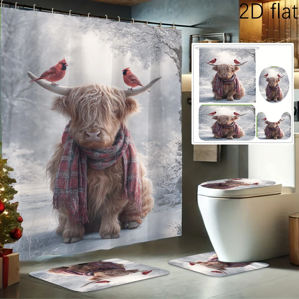 

4 шт., зимняя теплая 2D плоская занавеска для душа с принтом, комплект для декора ванной комнаты включает вкладыш для душа, нескользящий коврик, чехол для унитаза