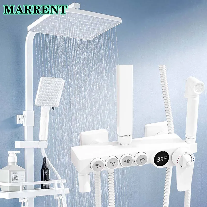 

White Bathroom Digital Shower Faucets Set Quality Brass Bathtub Mixer Tap Rainfall Shower Head Thermostatic Bath Shower System