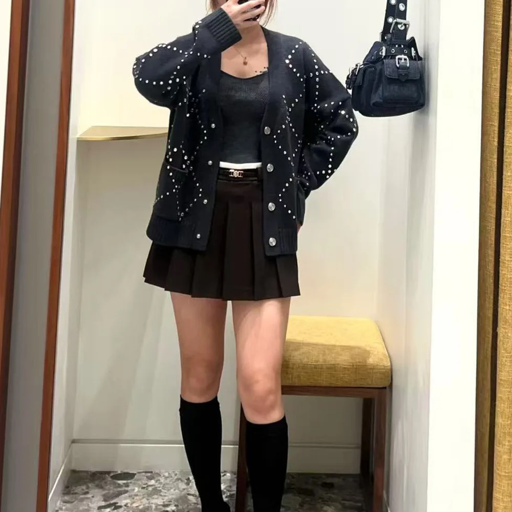 

M Home Повседневный удобный элитный женский вязаный длинный осенний кардиган свеч V Ne Diamond Embellied