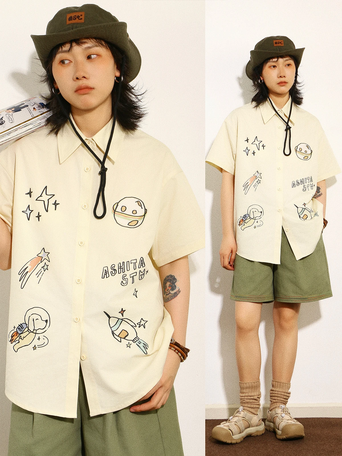 

Aita Stu Japanese Sle Printed Loose Svel Top for Women Summer Casual ort Sve irt Youthful Feel Cotton Blend