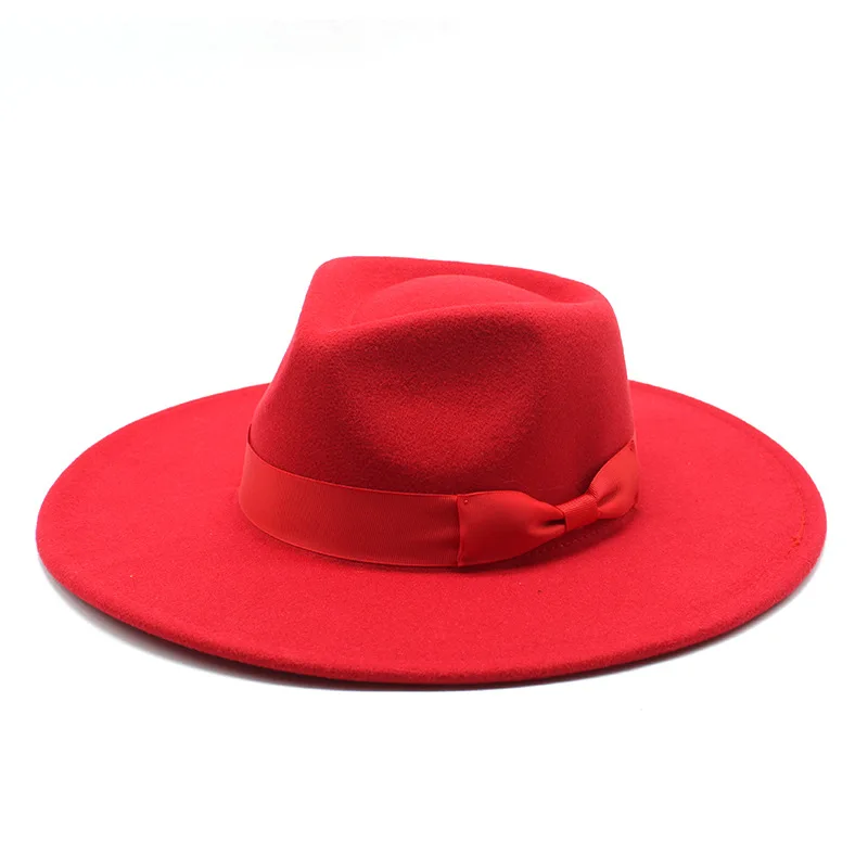 9.5cm brim fedora large wide brim jazz hat women pure color imitation woolen fedora hat men fashion Panama hat wedding hat