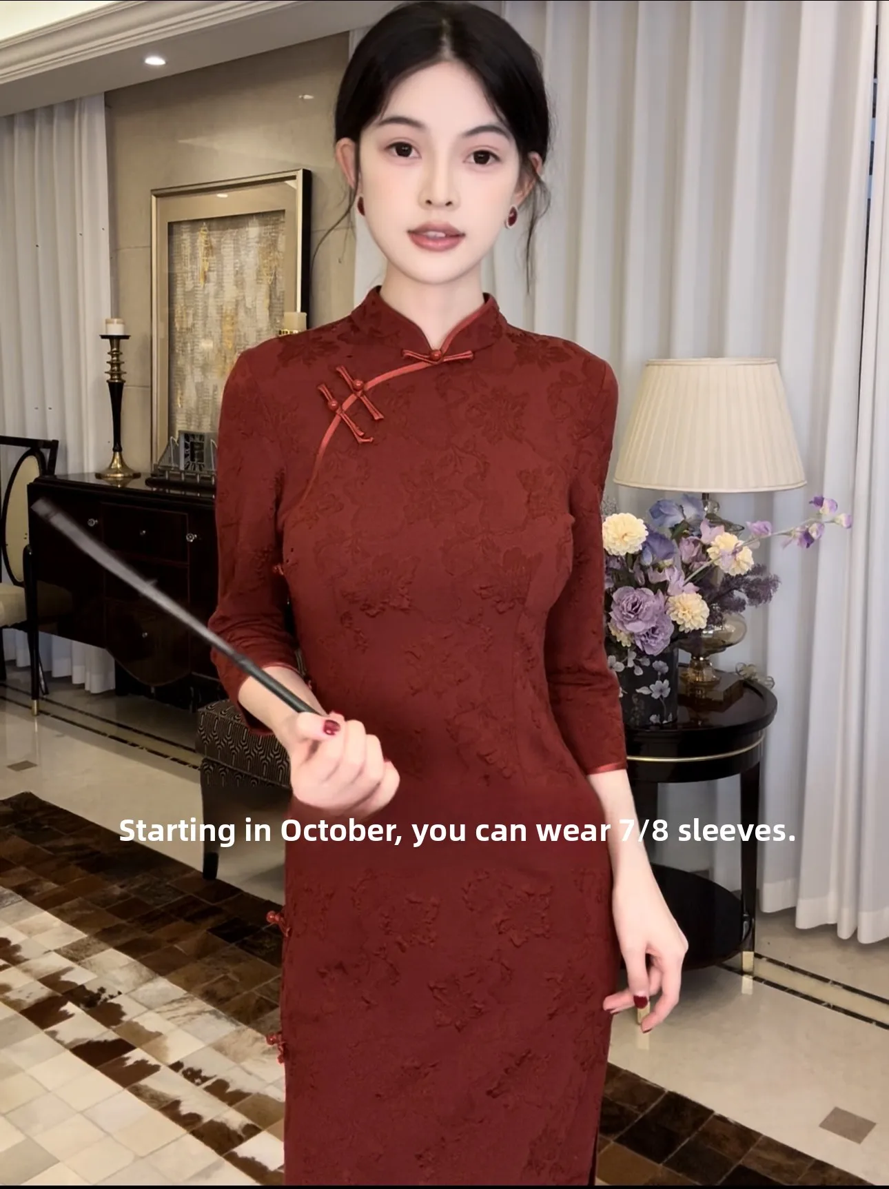 

Ретро Гонконгский халат с красным флагом, модный свадебный халат Dr, улучшенная версия, длина миди, боковая пуговица, высокий разрез, полиэфирное волокно