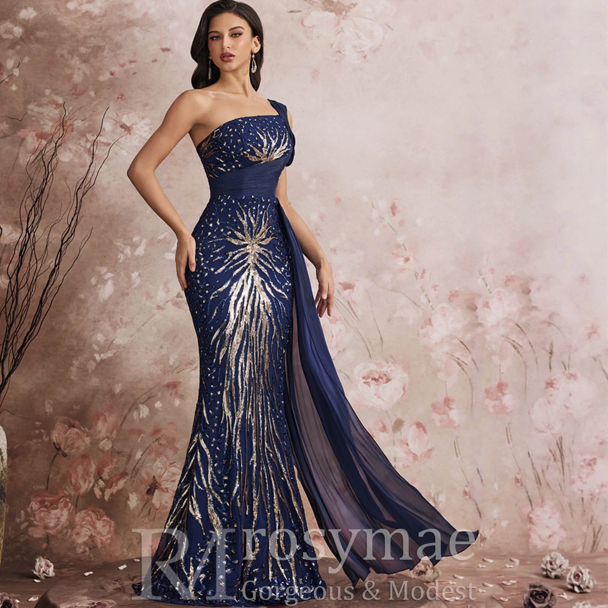 Rosymae One-Shoulder Pailletten Feestjurk Glinsterende Pauwpatroon Lint Accent Verhoogde Avond Cocktail Gala