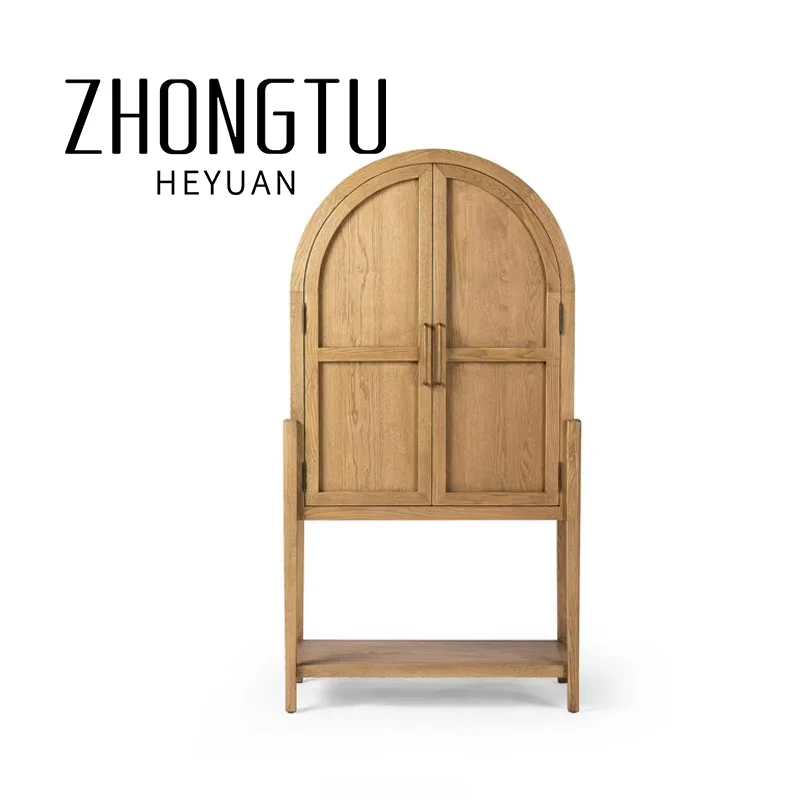 Modern Antique Luxury Restaurant Solid Wood bar Cabinet Tableware Storage Cabinet Arch Display Rattan Door Wine Cabinet Custom