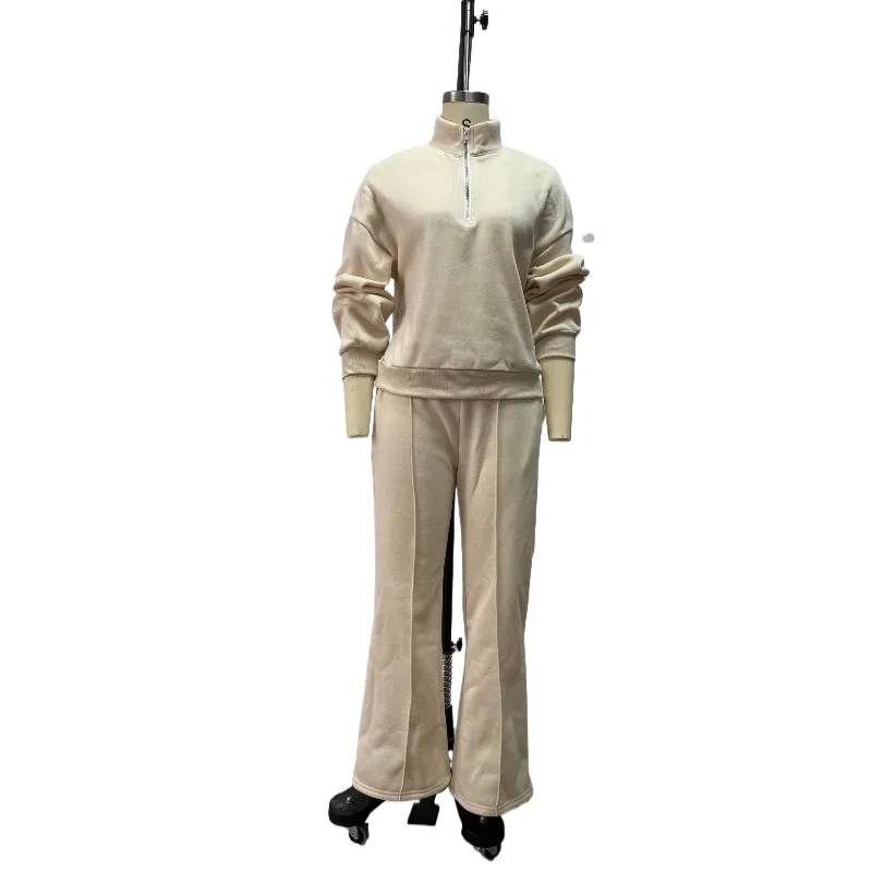 Half-open Zipper Stand-collar Sweatshirt + High-waisted Wide-leg Pants for Casual Wear European American Women's Two-piece Set