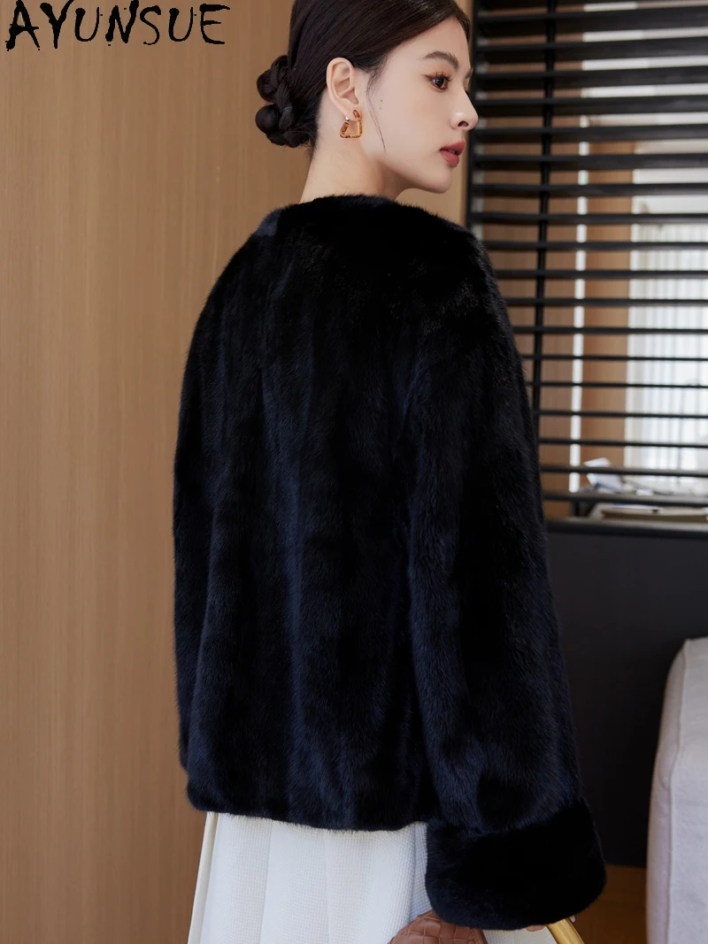 AYUNSUE 天然ミンクの毛皮のジャケット女性 V ネック高級毛皮のジャケット女性の服高品質の新しいアウターウェア Кофта С Мехом