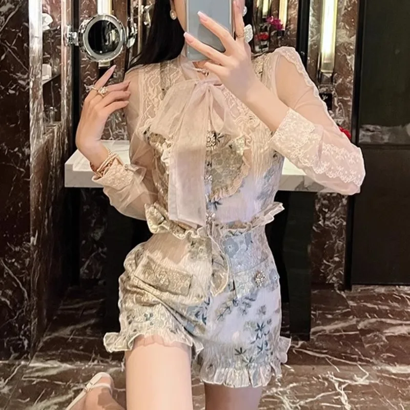 Vintage Flower Jacquard Lace Tops + Shorts Women Elegant 2 Piece Sets Lady Long-sleeve Party Short Sets Runway Design