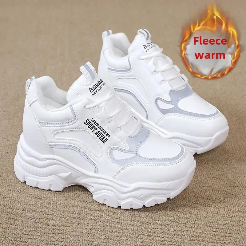 Women's Winter Thickened Sole Fleece Lined Casual Sporty Dad Shoes Trendy Flat Footwear Comfortable Slip-On Sneakers