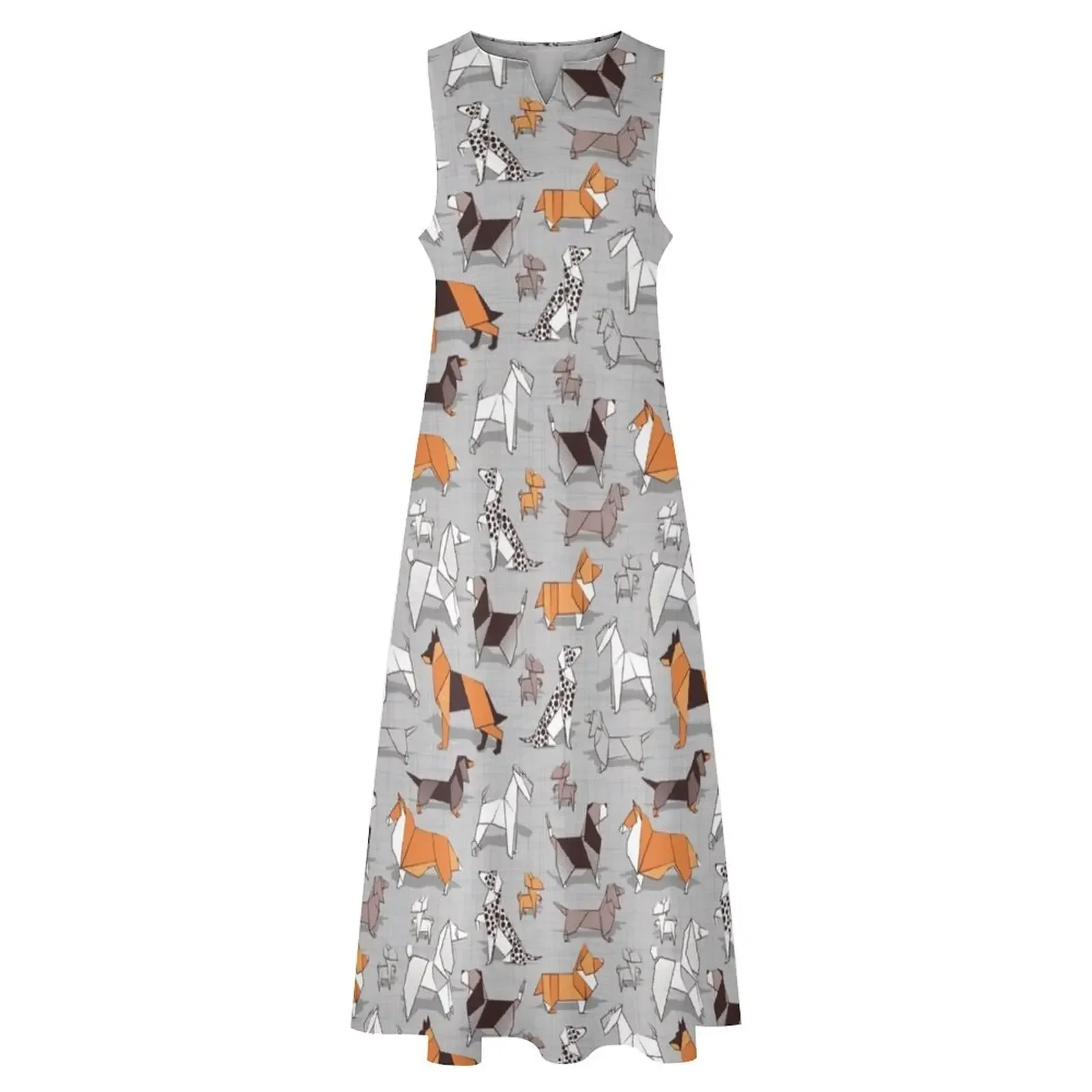 ชุดเดรสยาวลายสุนัขพันธุออริกาเมะ พื้นหลังผ้าลินินสีเทา ชุดเดรสยาวสำหรับผู้หญิง ชุดราตรีออกงาน ชุดเดรสผู้หญิง