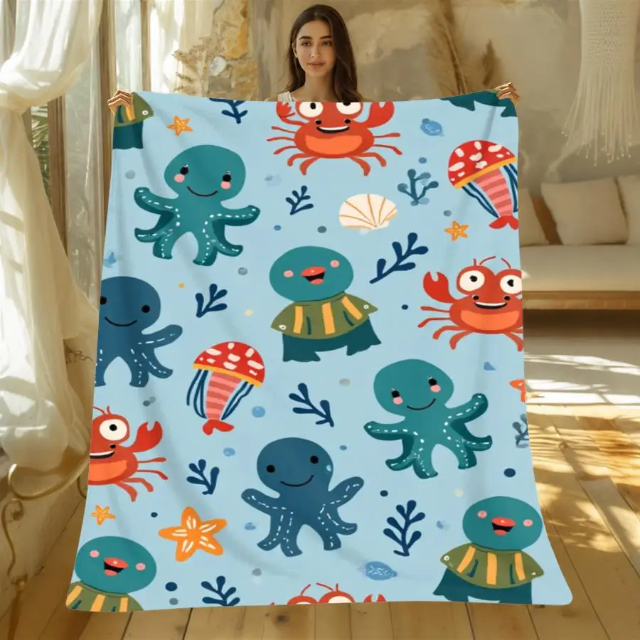 1pc Warm Premium Flannel Blanket with Cheerful Cartoon Sea Creatures Pattern, Soft 280GSM Decorative Throw for All Seasons, Perfect As Home Decoration And Holiday Gift Choice