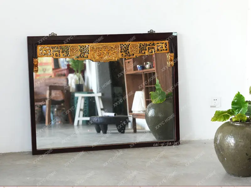 Chinese classical solid wood engraving mirror gold-painted character engraving retro decorative mirror