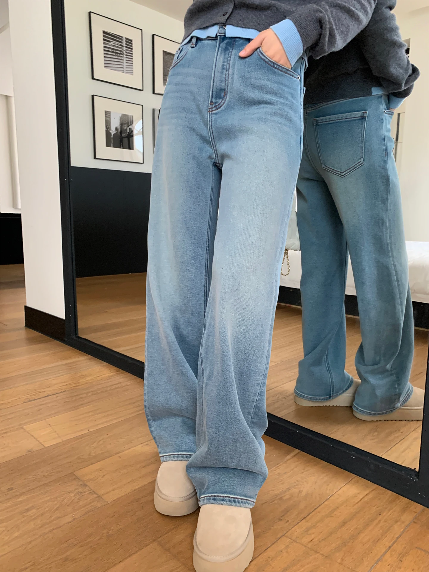 

Женские джинсы с высокой талией, на флисовой подкладке, синие, из плотного денима, эластичные, прямого кроя, хлопковые, стрейч